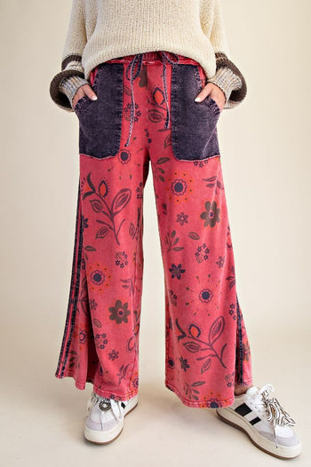 Easel Mineral Washed Terry Knit Floral Print Pants in Boho Red