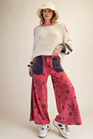 Easel Mineral Washed Terry Knit Floral Print Pants in Boho Red