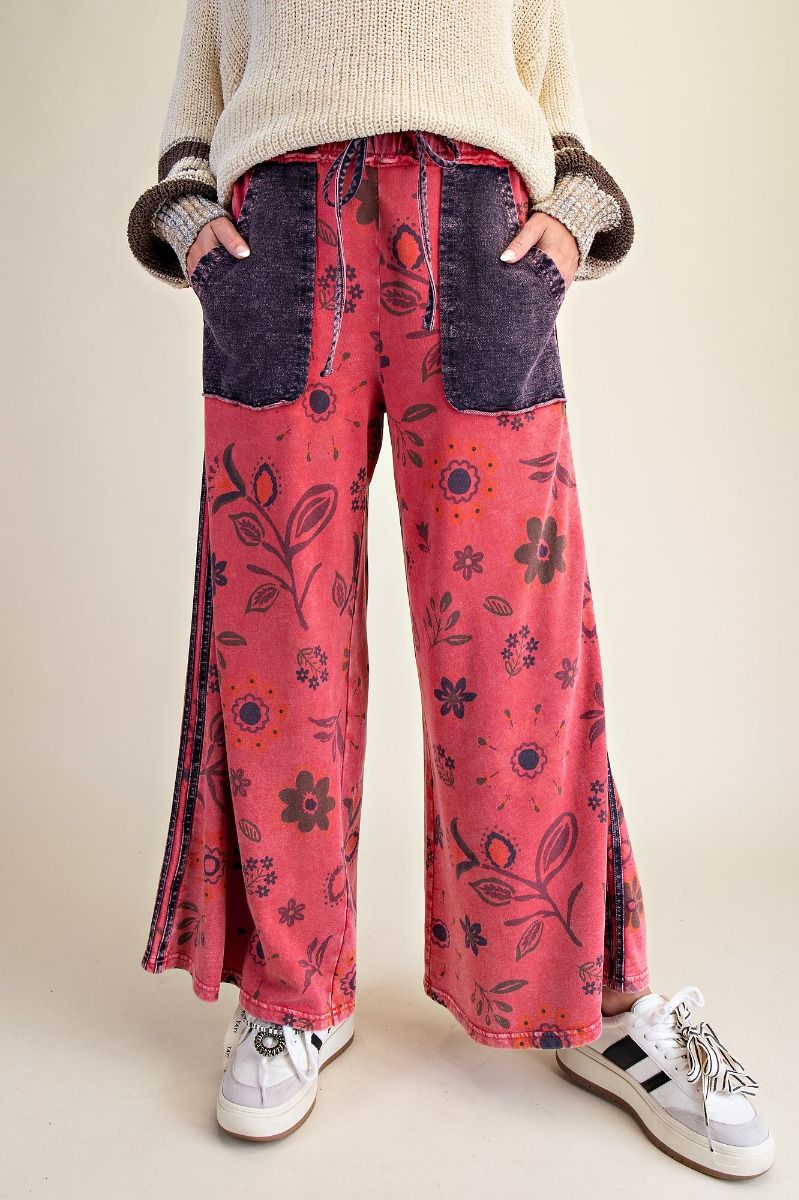 Easel Mineral Washed Terry Knit Floral Print Pants in Boho Red