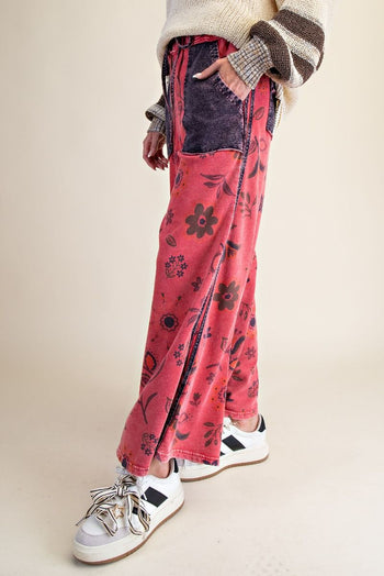 Easel Mineral Washed Terry Knit Floral Print Pants in Boho Red