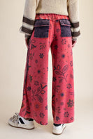 Easel Mineral Washed Terry Knit Floral Print Pants in Boho Red
