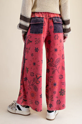 Easel Mineral Washed Terry Knit Floral Print Pants in Boho Red