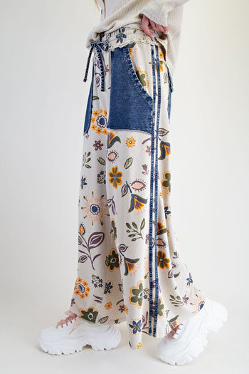 Easel Mineral Washed Terry Knit Floral Print Pants in Ecru