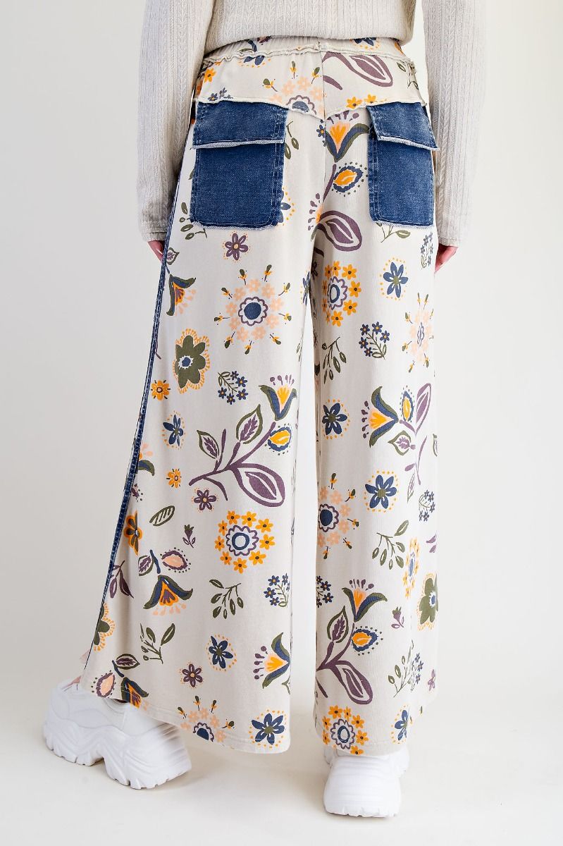Easel Mineral Washed Terry Knit Floral Print Pants in Ecru – June Adel