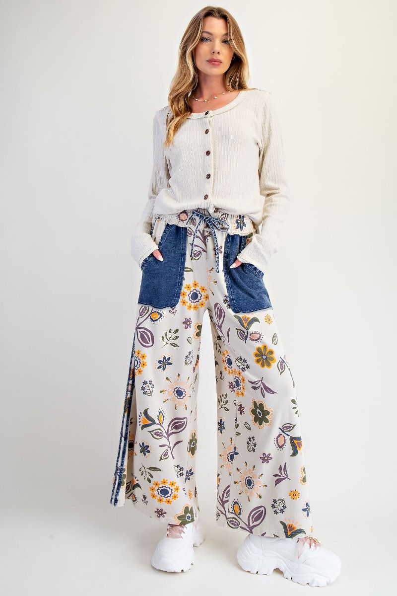 Easel Mineral Washed Terry Knit Floral Print Pants in Ecru – June Adel