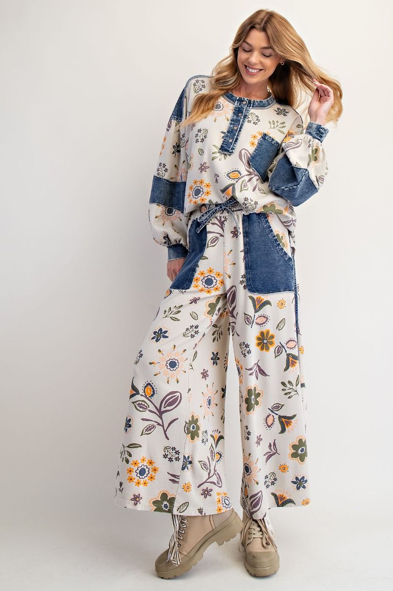 Easel Mineral Washed Terry Knit Floral Print Pants in Ecru – June Adel