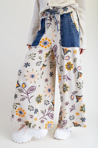 Easel Mineral Washed Terry Knit Floral Print Pants in Ecru – June Adel