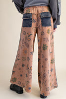 Easel Mineral Washed Terry Knit Floral Print Pants in Mocha Mousse