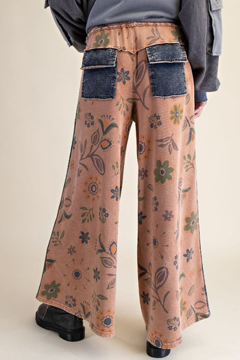 Easel Mineral Washed Terry Knit Floral Print Pants in Mocha Mousse