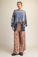 Easel Mineral Washed Terry Knit Floral Print Pants in Mocha Mousse