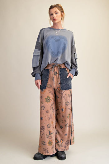 Easel Mineral Washed Terry Knit Floral Print Pants in Mocha Mousse