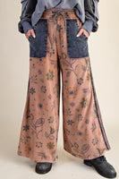 Easel Mineral Washed Terry Knit Floral Print Pants in Mocha Mousse