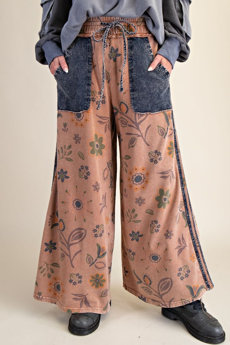 Easel Mineral Washed Terry Knit Floral Print Pants in Mocha Mousse