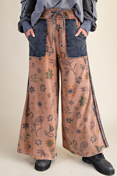 Easel Mineral Washed Terry Knit Floral Print Pants in Mocha Mousse