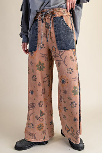 Easel Mineral Washed Terry Knit Floral Print Pants in Mocha Mousse