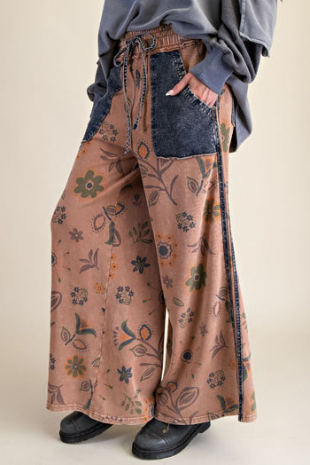 Easel Mineral Washed Terry Knit Floral Print Pants in Mocha Mousse