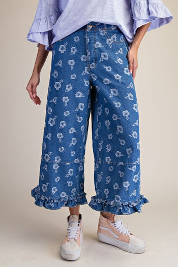 Easel Flower Jacquard Denim Ruffle Bottom Detail Pants in Denim