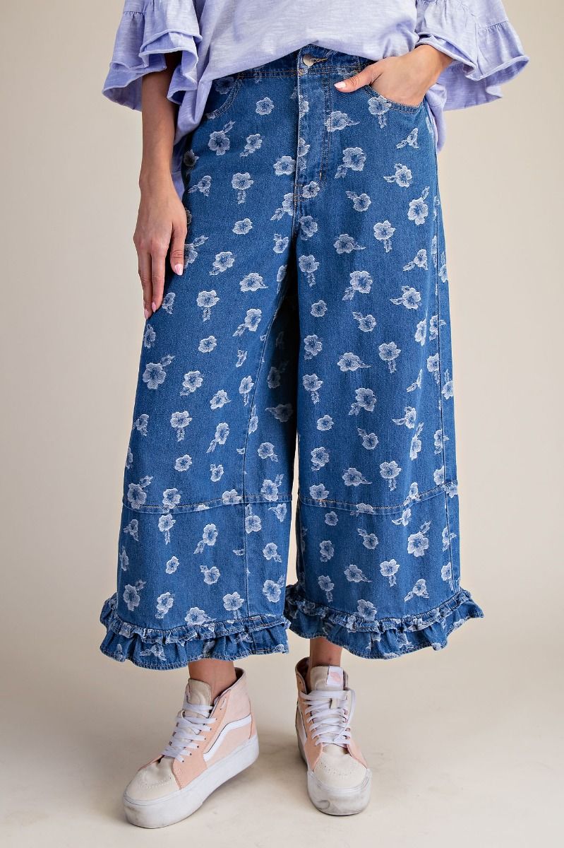 Easel Flower Jacquard Denim Ruffle Bottom Detail Pants in Denim – June Adel