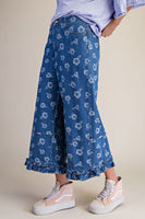 Easel Flower Jacquard Denim Ruffle Bottom Detail Pants in Denim