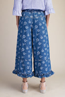 Easel Flower Jacquard Denim Ruffle Bottom Detail Pants in Denim