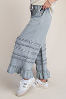 Easel Ruffle Detailed Mineral Washed Terry Knit Pants in Dusty Blue