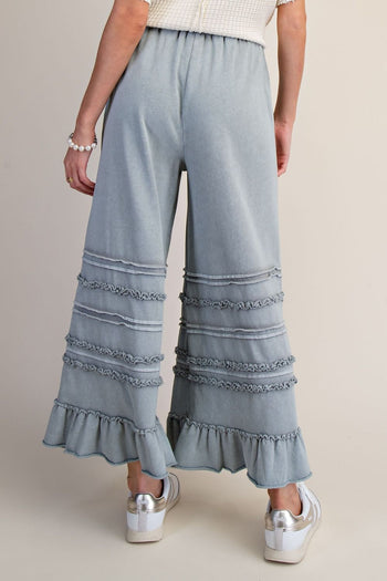 Easel Ruffle Detailed Mineral Washed Terry Knit Pants in Dusty Blue