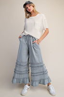 Easel Ruffle Detailed Mineral Washed Terry Knit Pants in Dusty Blue