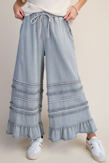 Easel Ruffle Detailed Mineral Washed Terry Knit Pants in Dusty Blue