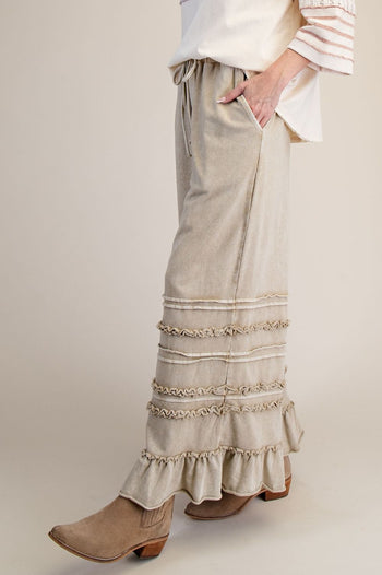 Easel Ruffle Detailed Mineral Washed Terry Knit Pants in Latte