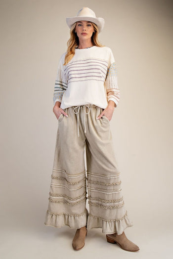 Easel Ruffle Detailed Mineral Washed Terry Knit Pants in Latte