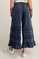 Easel Ruffle Detailed Mineral Washed Terry Knit Pants in Midnight Blue
