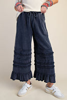 Easel Ruffle Detailed Mineral Washed Terry Knit Pants in Midnight Blue