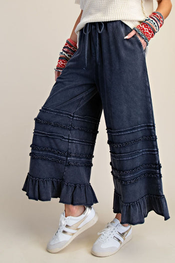 Easel Ruffle Detailed Mineral Washed Terry Knit Pants in Midnight Blue