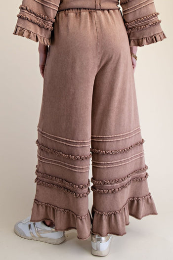 Easel Ruffle Detailed Mineral Washed Terry Knit Pants in Mocha