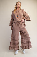 Easel Mineral Washed Terry Knit Ruffle Detailed Top in Mocha