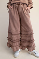 Easel Ruffle Detailed Mineral Washed Terry Knit Pants in Mocha