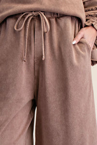 Easel Ruffle Detailed Mineral Washed Terry Knit Pants in Mocha