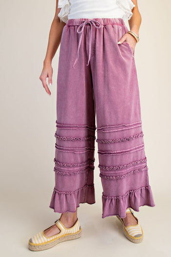 Easel Ruffle Detailed Mineral Washed Terry Knit Pants in Raspberry
