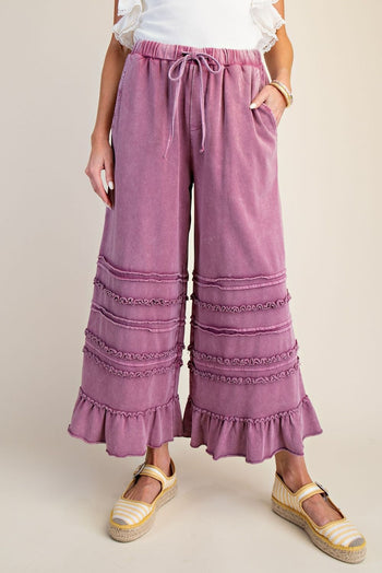 Easel Ruffle Detailed Mineral Washed Terry Knit Pants in Raspberry