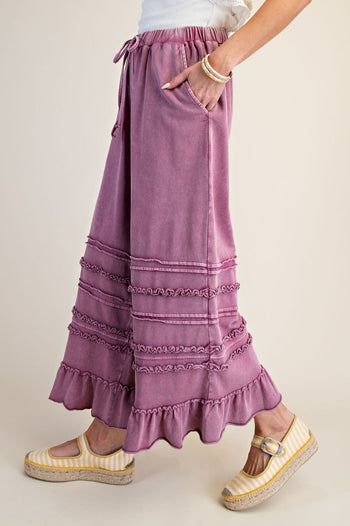 Easel Ruffle Detailed Mineral Washed Terry Knit Pants in Raspberry
