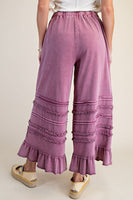 Easel Ruffle Detailed Mineral Washed Terry Knit Pants in Raspberry