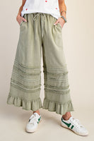 Easel Ruffle Detailed Mineral Washed Terry Knit Pants in Sage
