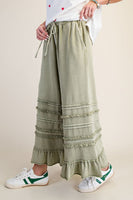 Easel Ruffle Detailed Mineral Washed Terry Knit Pants in Sage