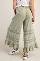 Easel Ruffle Detailed Mineral Washed Terry Knit Pants in Sage
