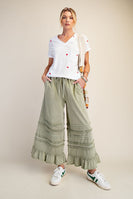 Easel Ruffle Detailed Mineral Washed Terry Knit Pants in Sage