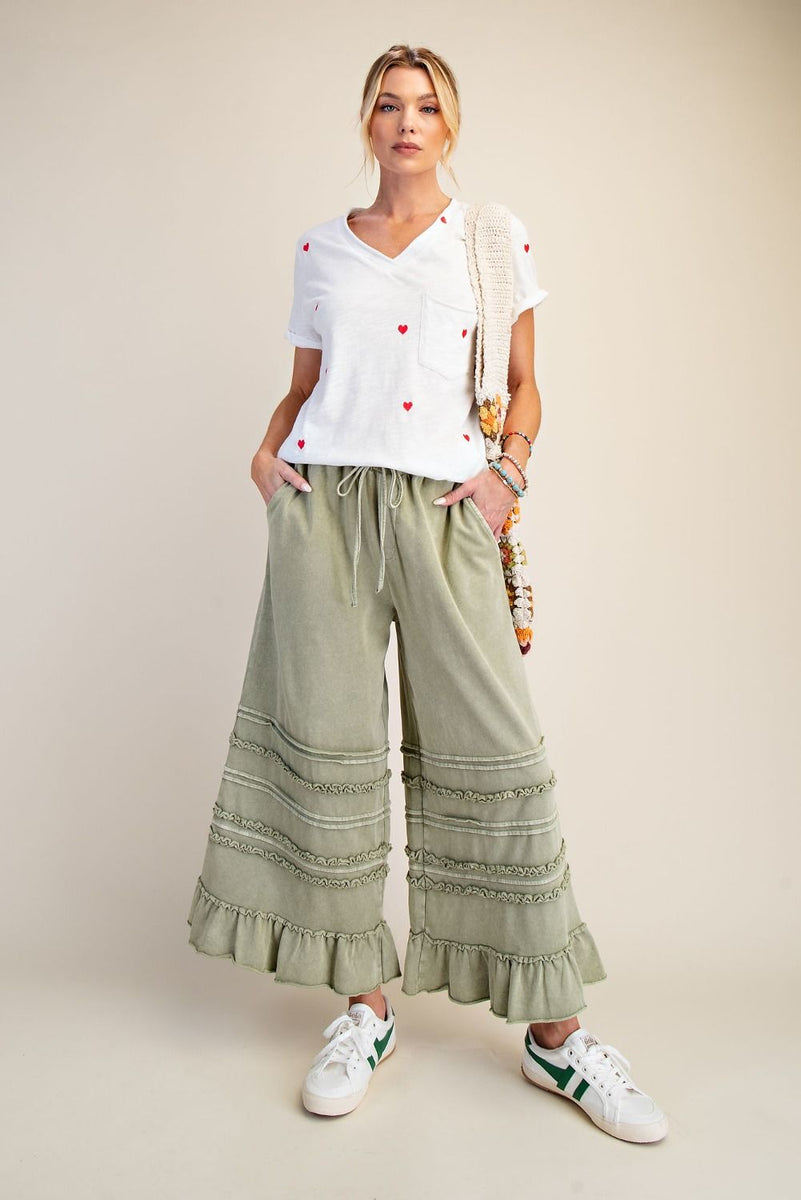 Easel Ruffle Detailed Mineral Washed Terry Knit Pants in Sage ON ORDER ...