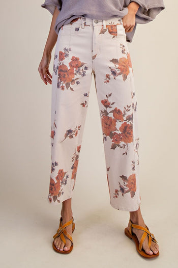 Easel Floral Print Barrel Pants in Light Khaki