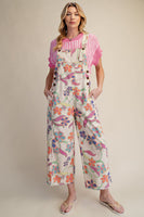 Easel Floral Printed Vintage Washed Overalls in Ecru