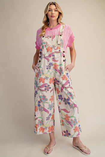 Easel Floral Printed Vintage Washed Overalls in Ecru