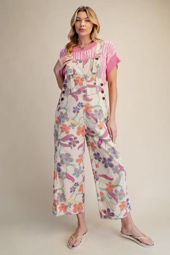 Easel Floral Printed Vintage Washed Overalls in Ecru